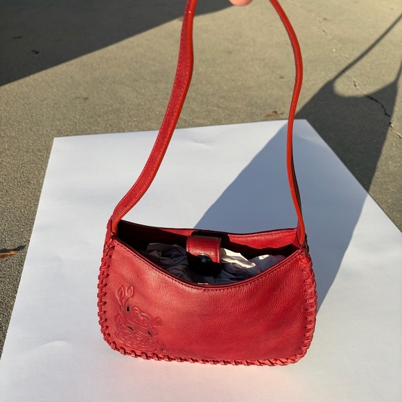 Handbags - Y2K Genuine Leather Oxblood Shoulder Bag Embossed Floral